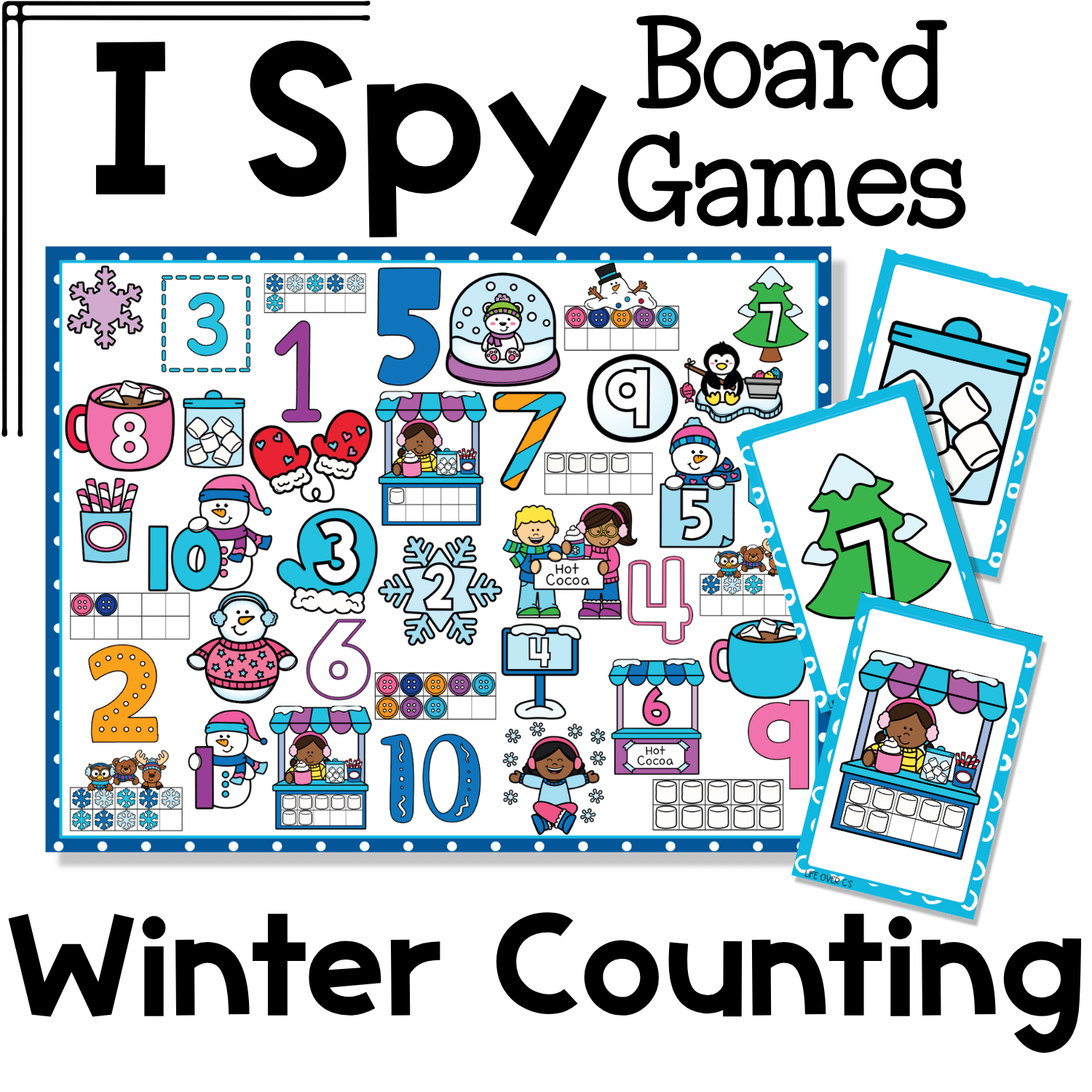 Colorful Winter Counting I Spy Flip Board Game cover featuring numbers 1 to 10, snowmen, penguins, snowflakes, hot cocoa, winter counting sets, and matching image cards for preschool and kindergarten math games.