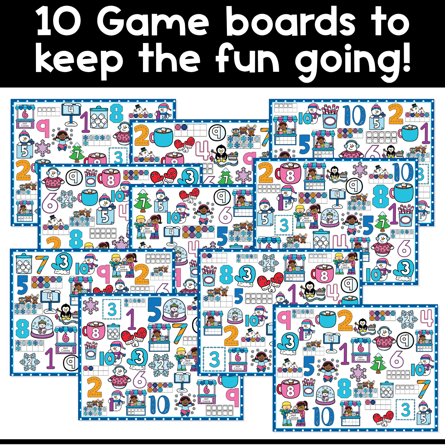 Preview of 10 Winter Counting I Spy Flip Board Game boards filled with numbers 1 to 10, winter math images, counting sets, and playful seasonal pictures for preschool math centers and kindergarten number recognition practice.