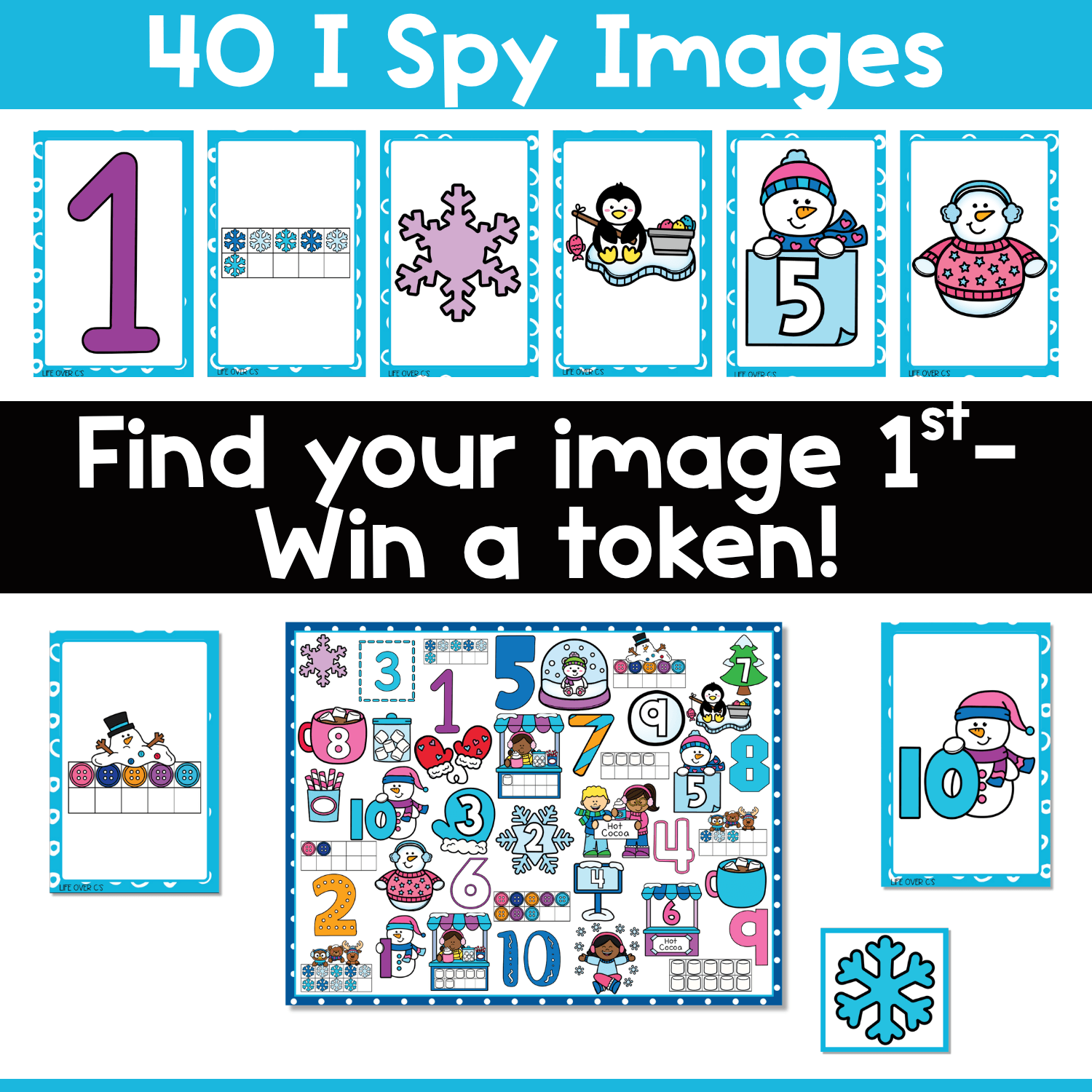 Winter Counting I Spy Flip Board Game image showing 40 winter-themed I Spy cards with numbers, snowflakes, penguins, snowmen, mittens, and counting sets for hands-on number recognition, visual discrimination, and counting skills.