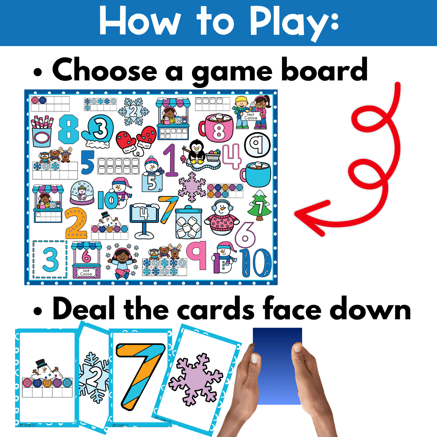 How to play Winter Counting I Spy Flip Board Game directions page showing a winter math game board, face-down cards, and setup steps for an engaging preschool counting game with number recognition and visual scanning practice.