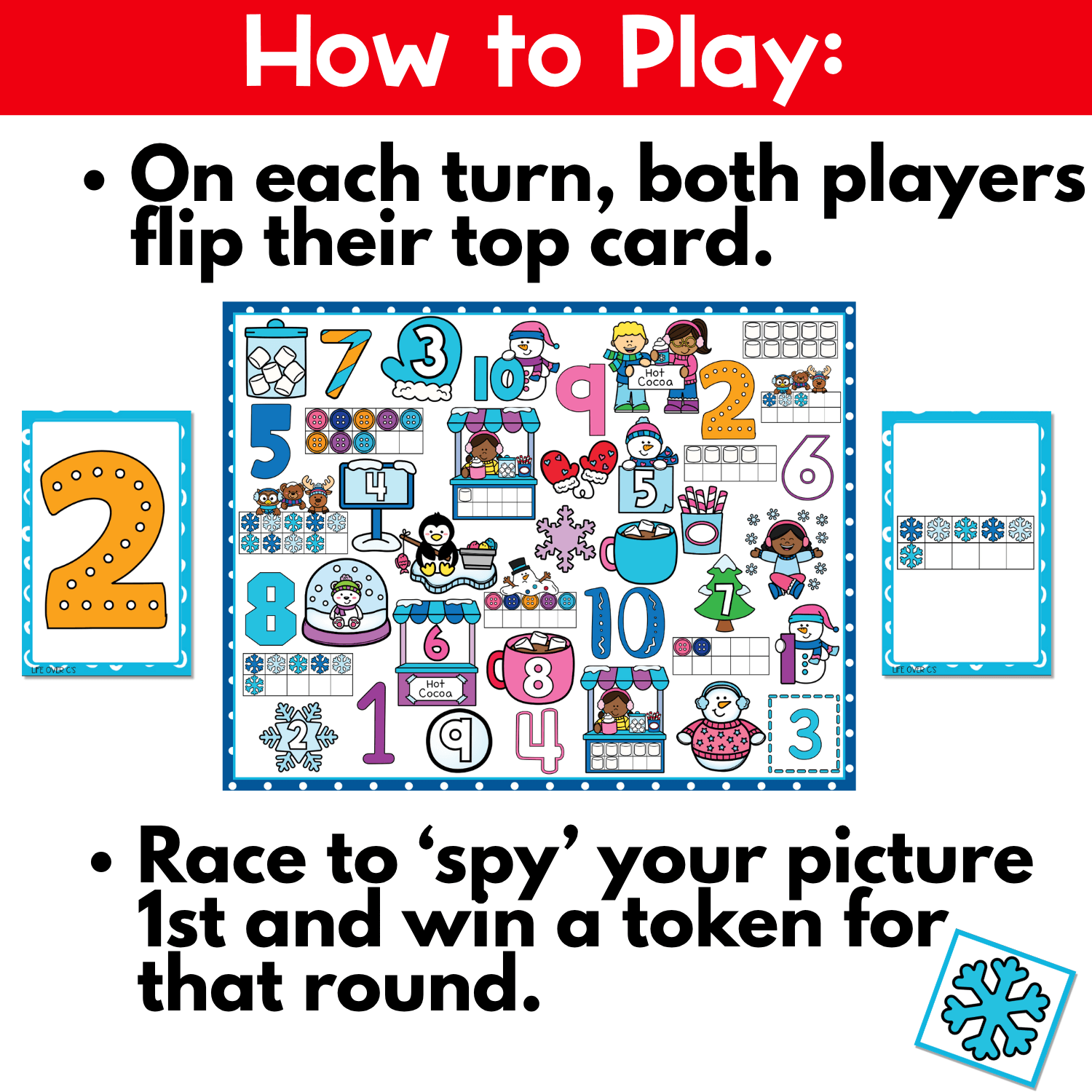 Winter Counting I Spy Flip Board Game instruction page showing players flipping cards, spotting the matching winter image first, and earning a token in a fast-paced counting game for preschool and kindergarten.