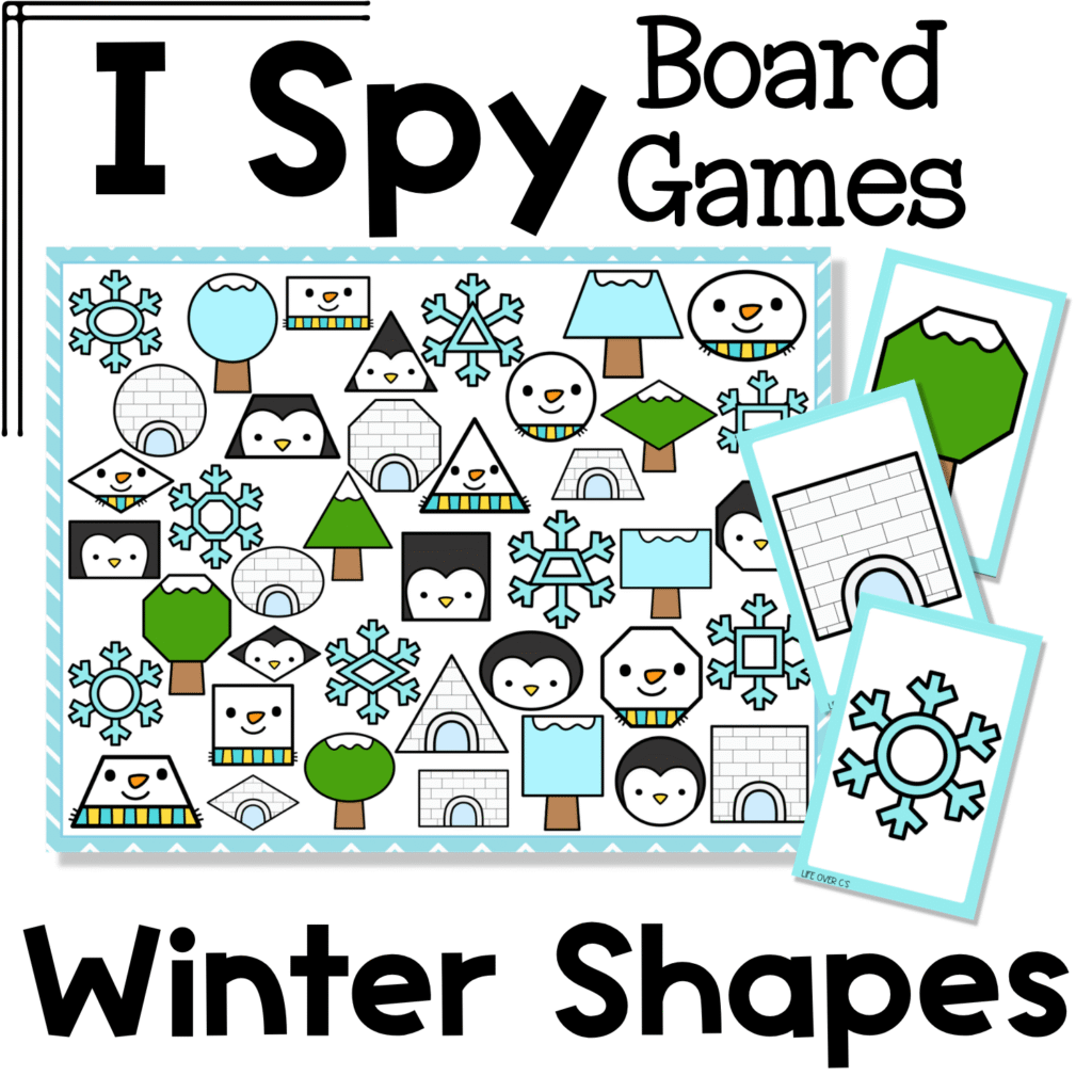 Winter shapes I Spy Flip Board Game cover showing a playful winter visual discrimination game with penguins, snowflakes, igloos, snowy trees, and winter shapes for preschool and kindergarten.