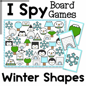 Winter shapes I Spy Flip Board Game cover showing a playful winter visual discrimination game with penguins, snowflakes, igloos, snowy trees, and winter shapes for preschool and kindergarten.