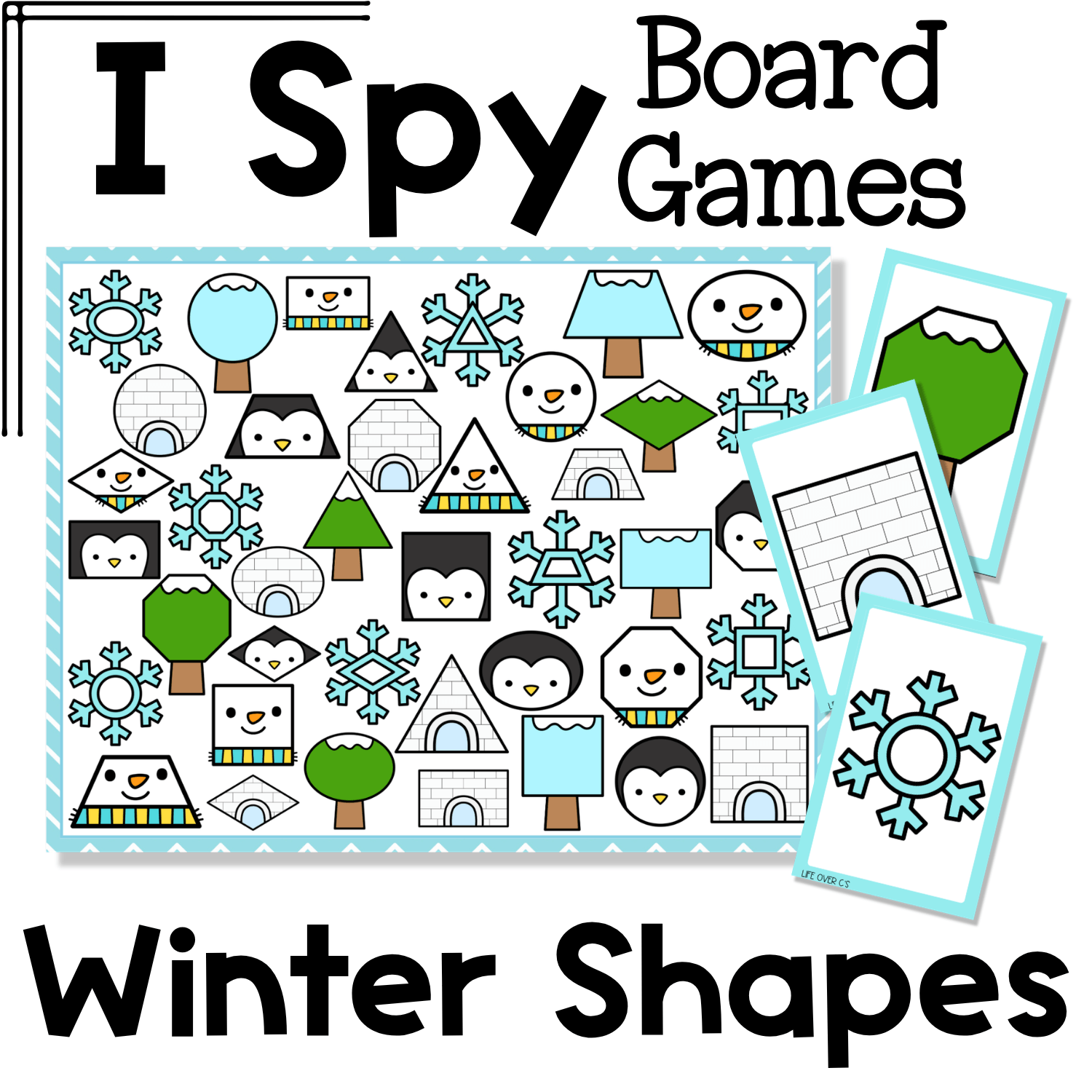 Winter shapes I Spy Flip Board Game cover showing a playful winter visual discrimination game with penguins, snowflakes, igloos, snowy trees, and winter shapes for preschool and kindergarten.