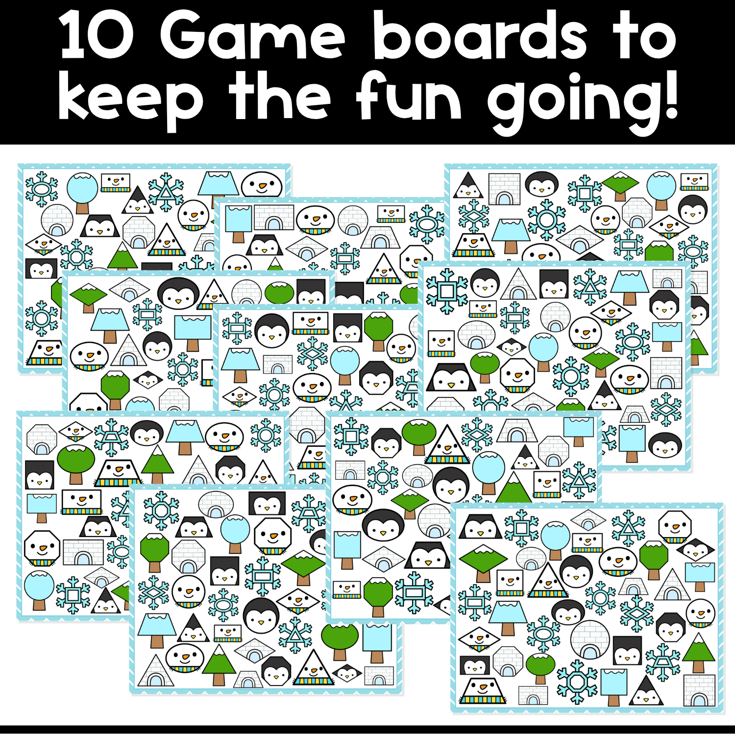 Preview of 10 Winter Shapes I Spy game boards filled with snowy trees, penguins, igloos, and snowflakes for shape recognition, visual scanning, and hands-on winter math fun.