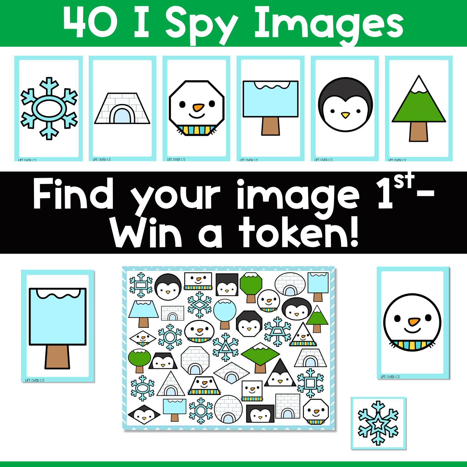 Winter Shapes I Spy image card preview showing 40 winter-themed shape cards with snowflakes, igloos, penguins, and snowy trees for shape matching and visual discrimination practice.