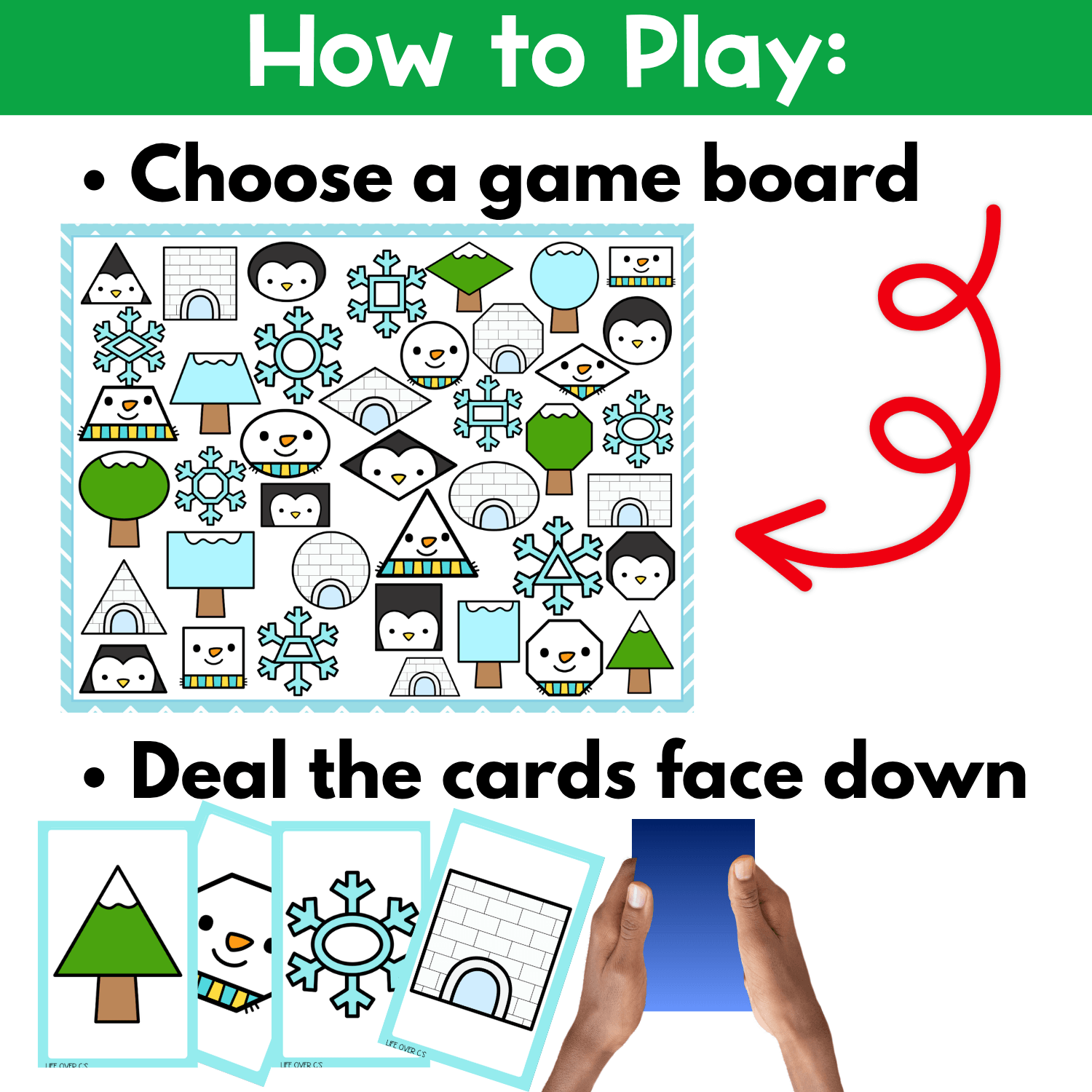How to play the Winter Shapes I Spy Flip Board Game by choosing a game board and dealing the cards face down for an engaging preschool shape recognition game.