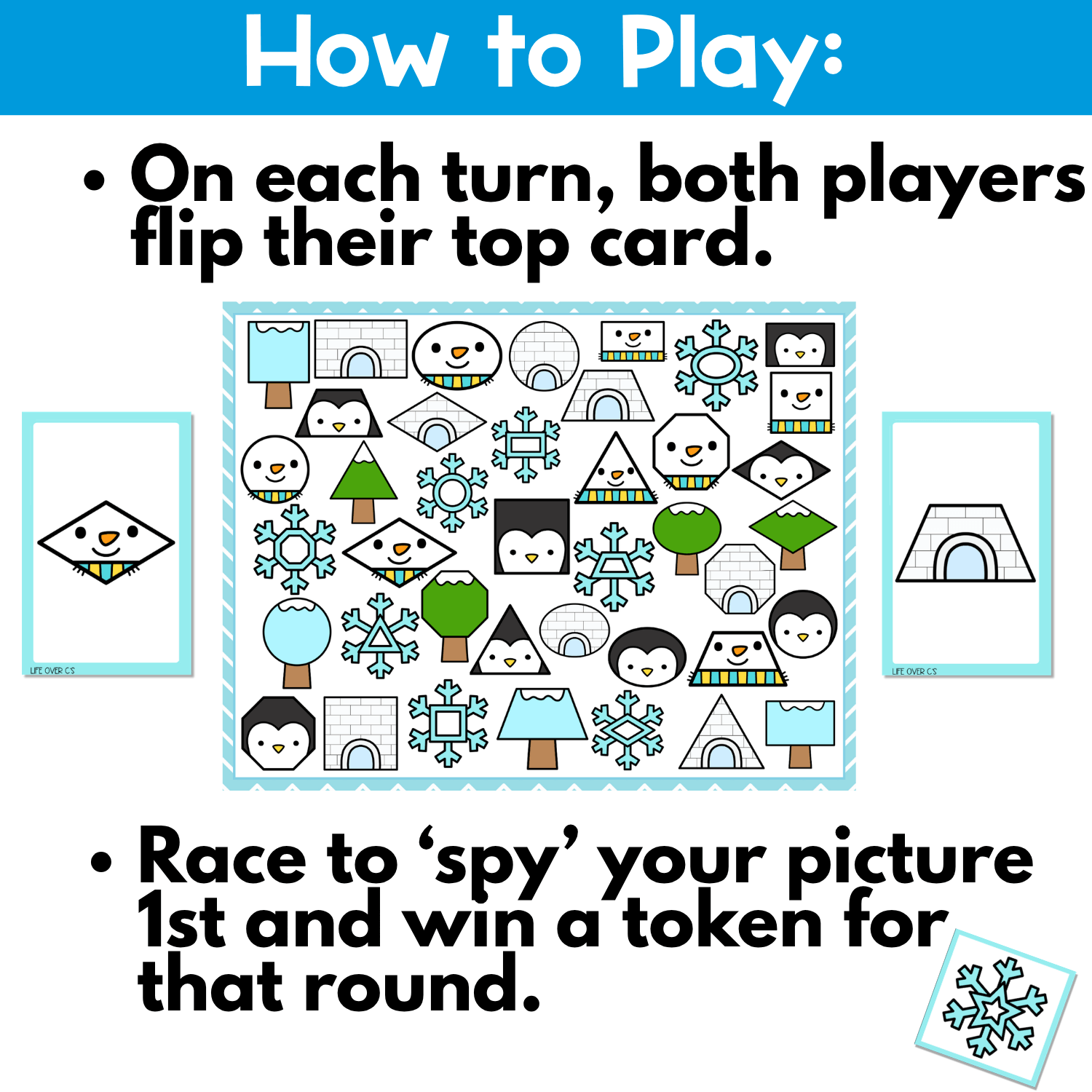 Winter Shapes I Spy Flip Board Game gameplay preview showing players racing to find matching winter shape pictures like snowflakes, igloos, and penguins on the board.