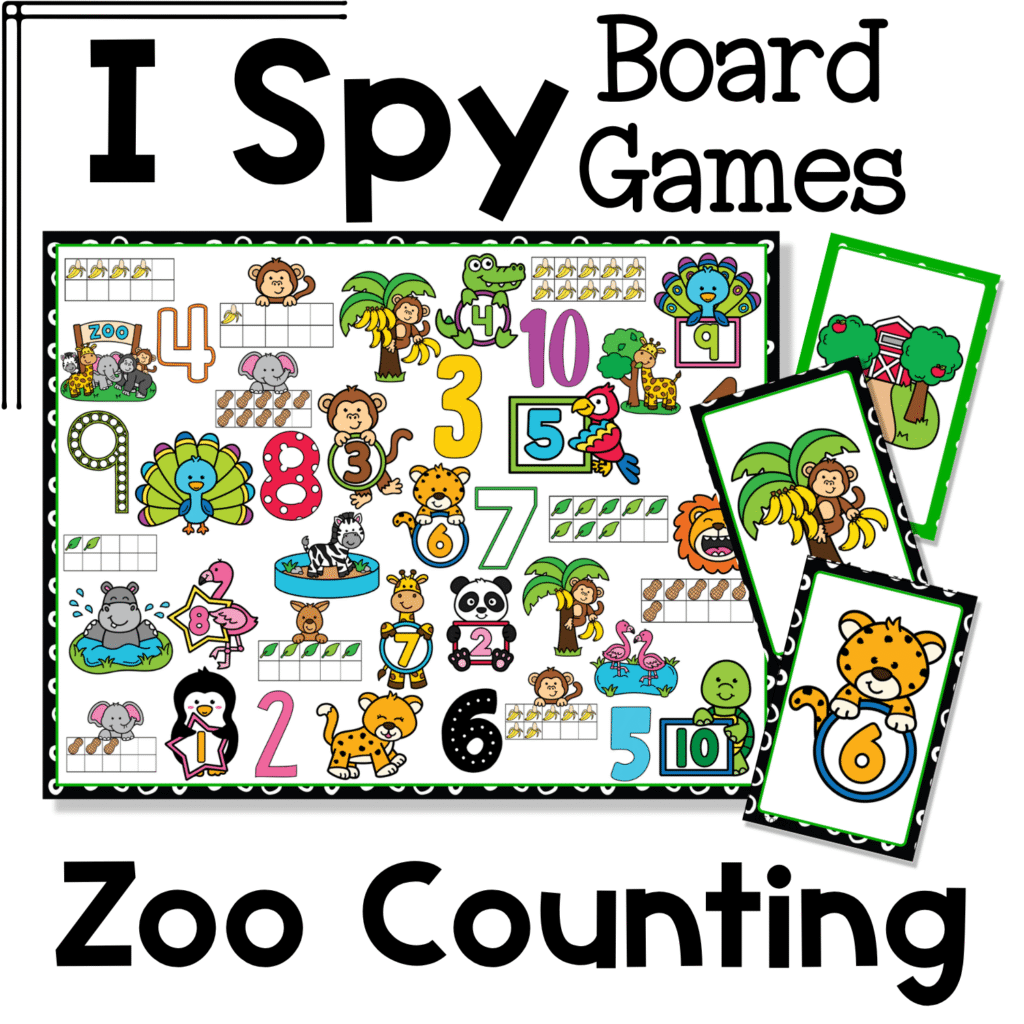 Zoo Counting I Spy Flip Board Game cover featuring numbers 1–10, ten frames, zoo animals, monkeys, giraffes, zebras, lions, peacocks, parrots, and pandas for a playful preschool and kindergarten counting game.