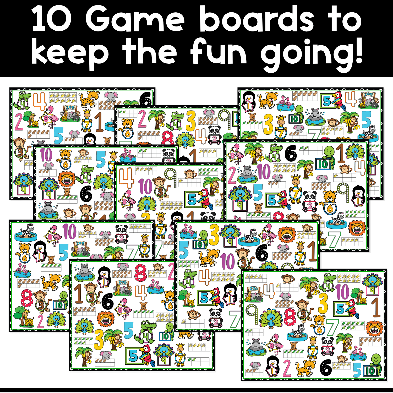 Preview of 10 Zoo Counting I Spy Flip Board Game boards packed with bright numbers, zoo animal counting pictures, ten frames, and hands-on number recognition fun for preschool and kindergarten math centers.