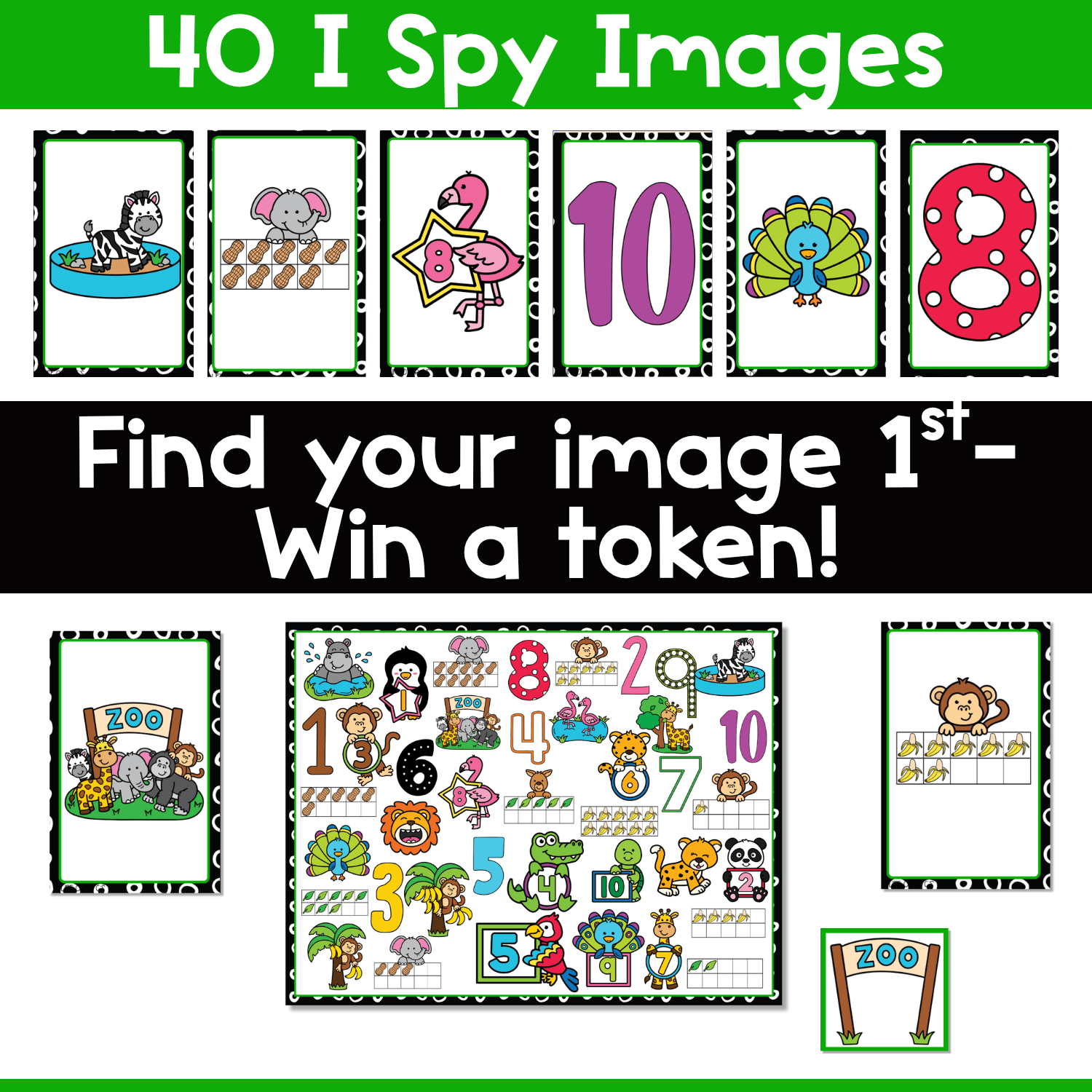 Zoo Counting I Spy Flip Board Game card preview showing 40 colorful I Spy images with zoo animals, numbers 1–10, ten frames, and playful counting cards for number recognition, visual scanning, and preschool math practice.