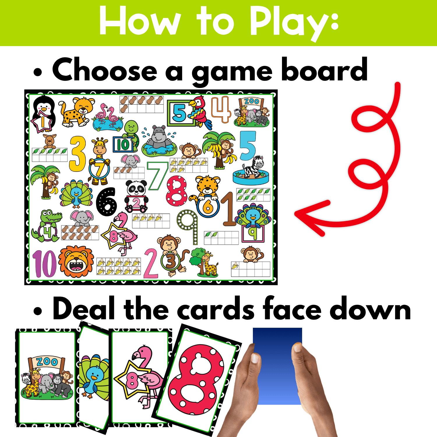 How to play Zoo Counting I Spy Flip Board Game directions page showing one zoo-themed counting board, face-down cards, and easy setup for a fun hands-on preschool and kindergarten number recognition activity.