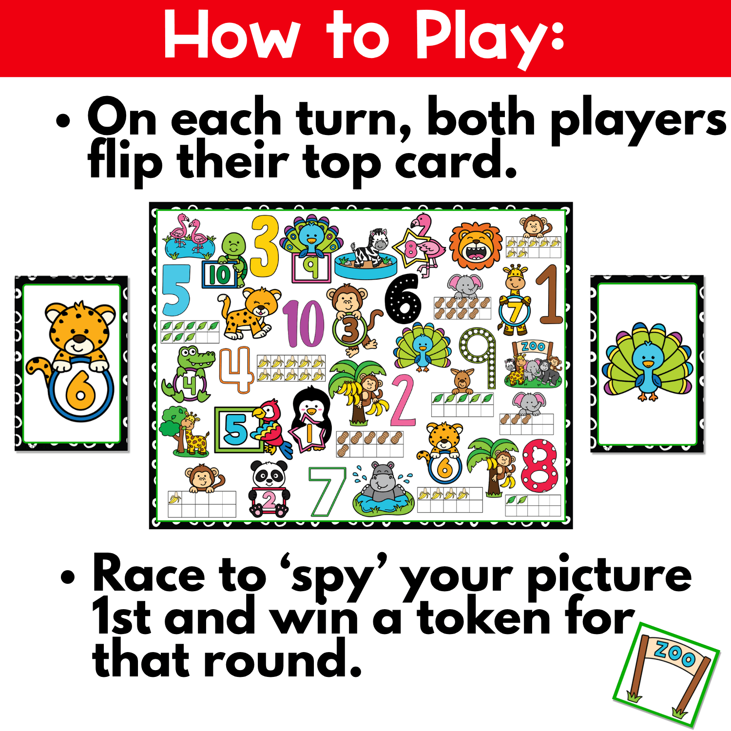 Zoo Counting I Spy Flip Board Game instruction page showing players flipping cards, spotting matching zoo animal and number images, and racing to win tokens in an engaging counting to 10 math game.