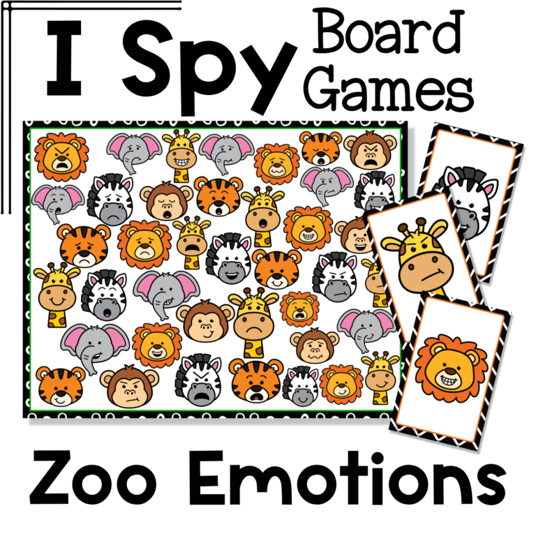 Zoo Emotions I Spy Flip Board Game cover featuring expressive zoo animal faces including lions, elephants, giraffes, zebras, tigers, and monkeys for a playful emotion recognition and social emotional learning game.