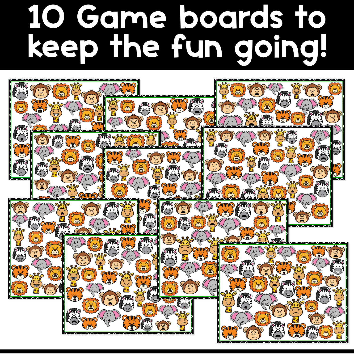 Preview of 10 Zoo Emotions I Spy Flip Board Game boards filled with animal faces showing different feelings and expressions for emotion identification, social emotional learning, and visual discrimination practice.