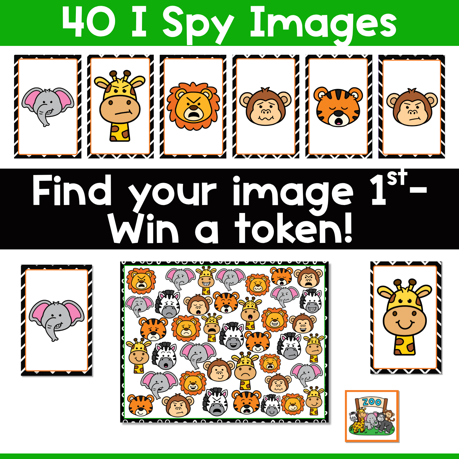 Zoo Emotions I Spy Flip Board Game card preview showing 40 I Spy emotion cards with expressive zoo animals, including happy, sad, angry, worried, and surprised faces for preschool and kindergarten emotion recognition activities.