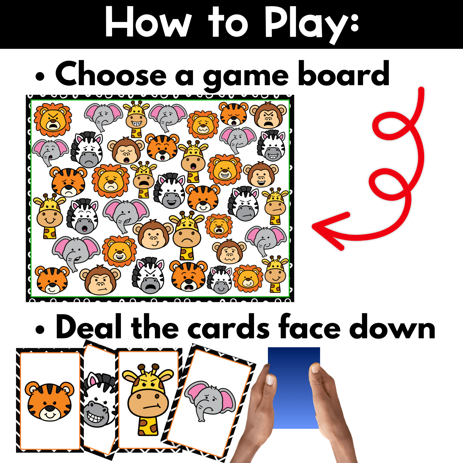 How to play Zoo Emotions I Spy Flip Board Game directions page showing one zoo animal emotions board, face-down cards, and simple setup for a hands-on social emotional learning game in preschool and kindergarten.