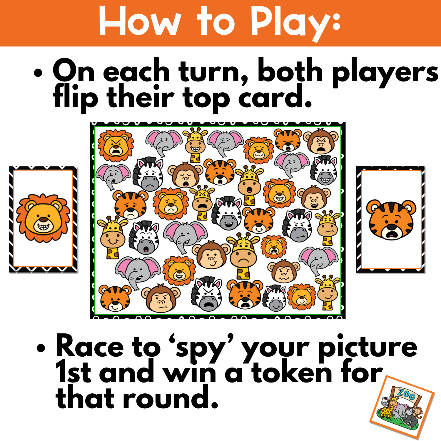 Zoo Emotions I Spy Flip Board Game instruction page showing players flipping cards, finding matching zoo animal expressions, and winning tokens in a fast-paced emotion identification and visual scanning game.