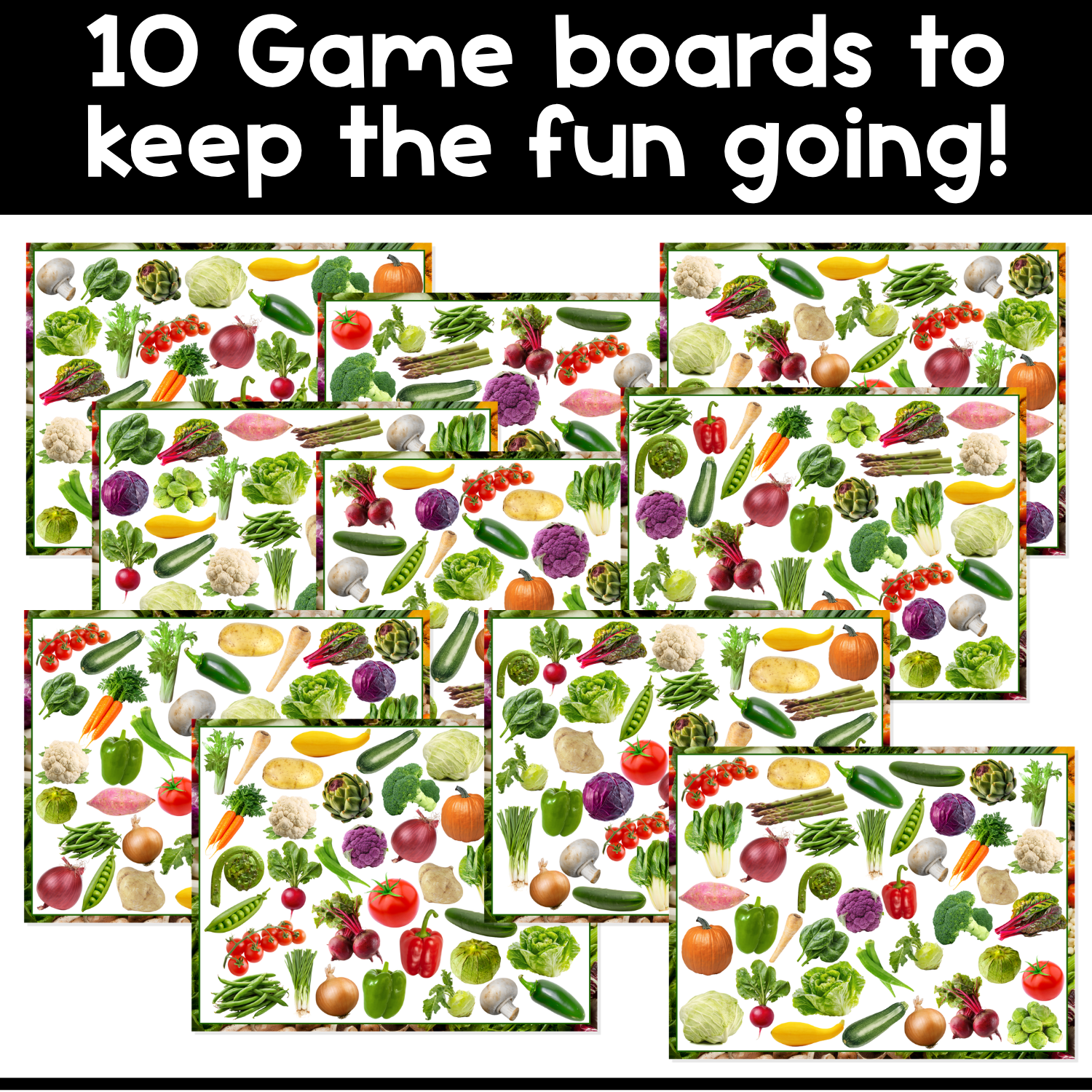 Preview of 10 real photo vegetable I Spy game boards for preschool, pre-k, kindergarten, ELL, ESL, speech therapy, and OT visual scanning activities.