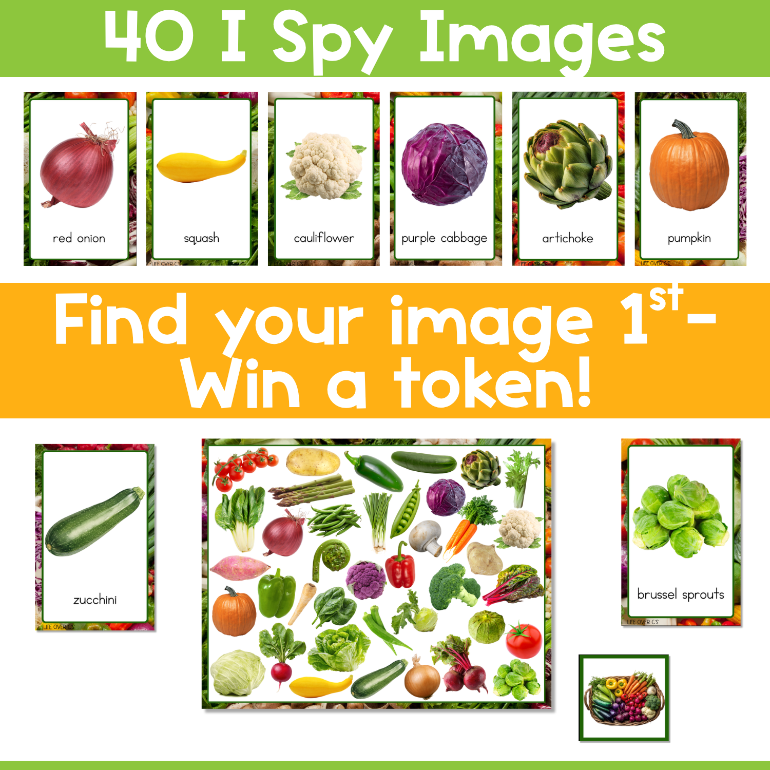 Real photo food groups I Spy game with vegetable image cards, game board, and token card for building vocabulary, matching skills, and visual discrimination in early childhood centers.