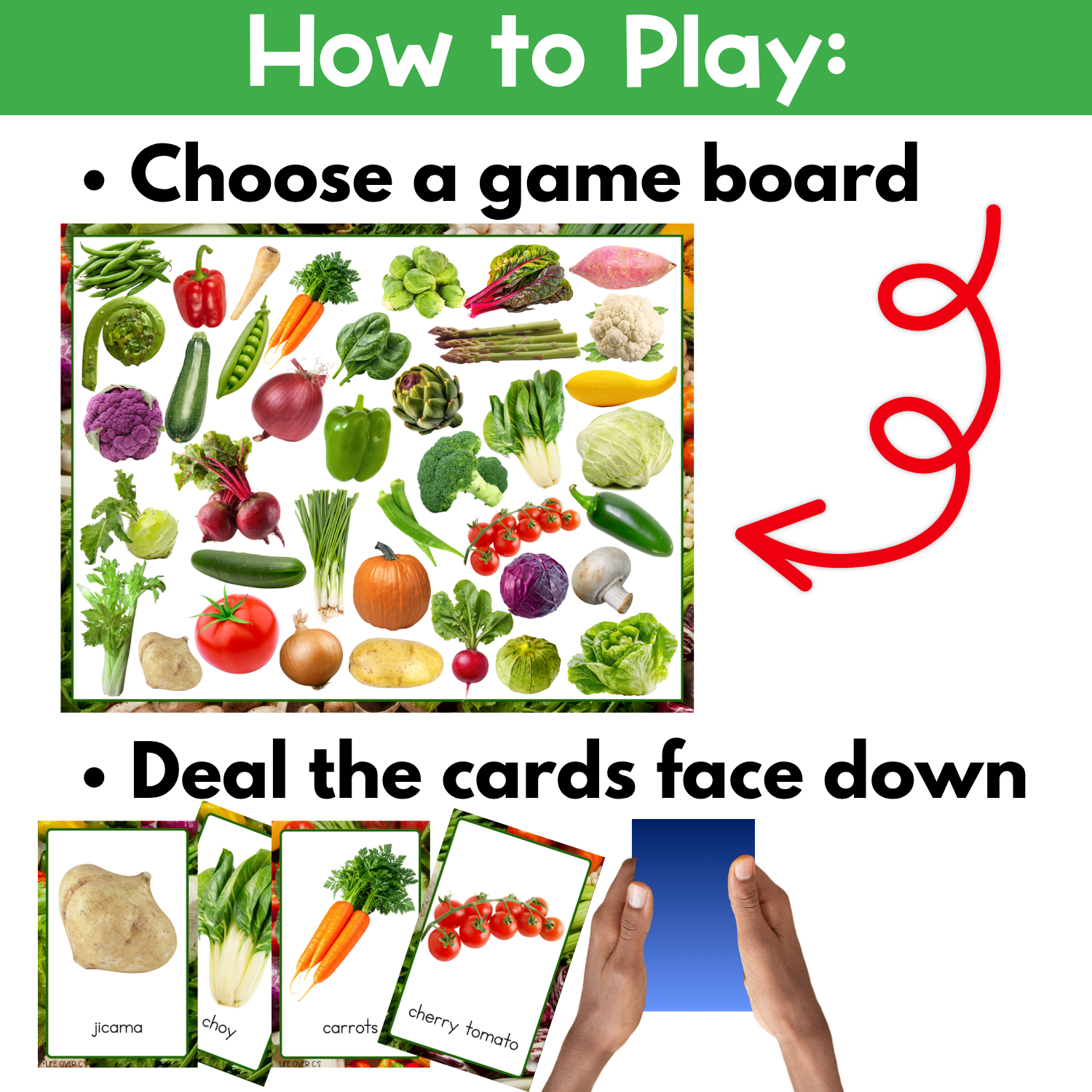 Vegetable I Spy board game setup directions showing students how to choose a real photo game board and prepare vegetable image cards for partner or small group play.