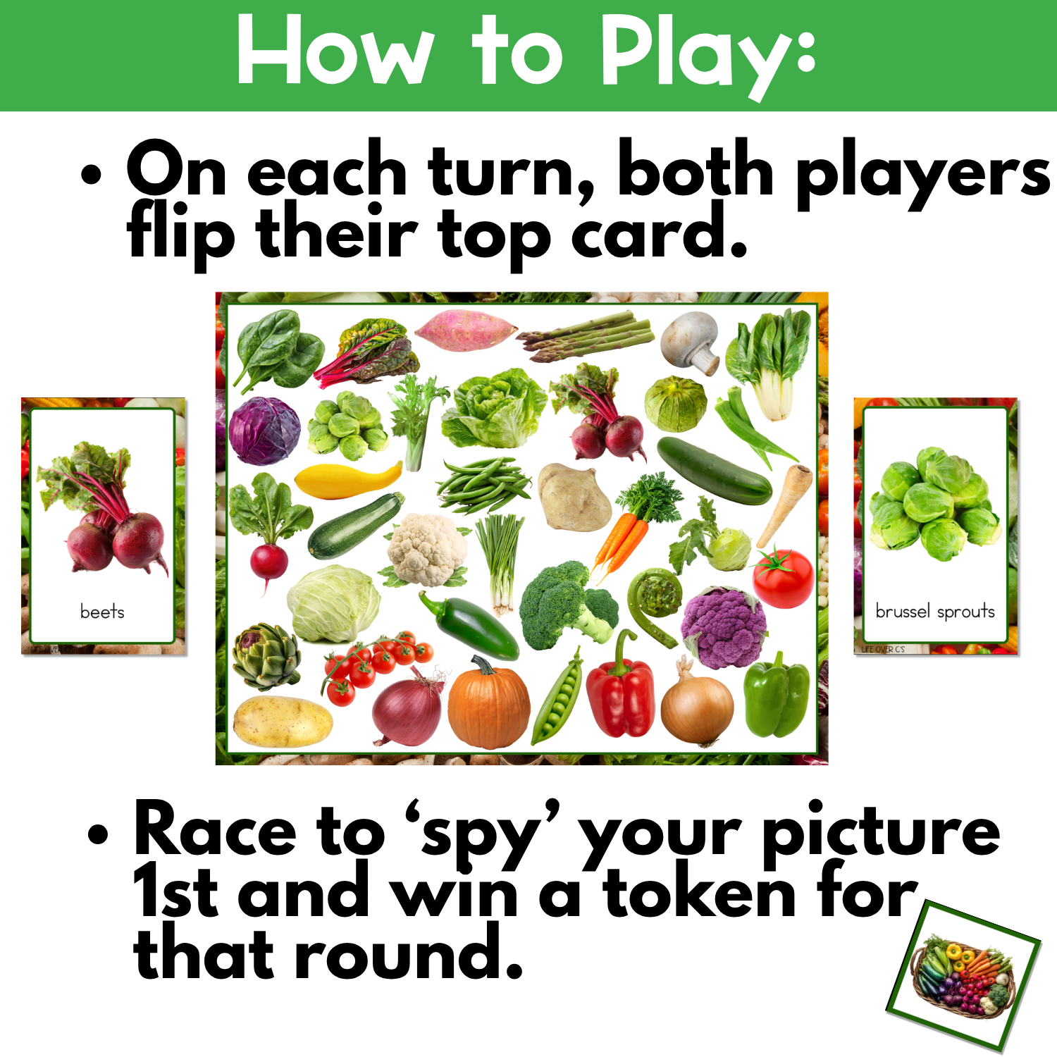 How to play real photo vegetable I Spy game with students flipping image cards, finding matching vegetables on the board, and collecting tokens during gameplay.