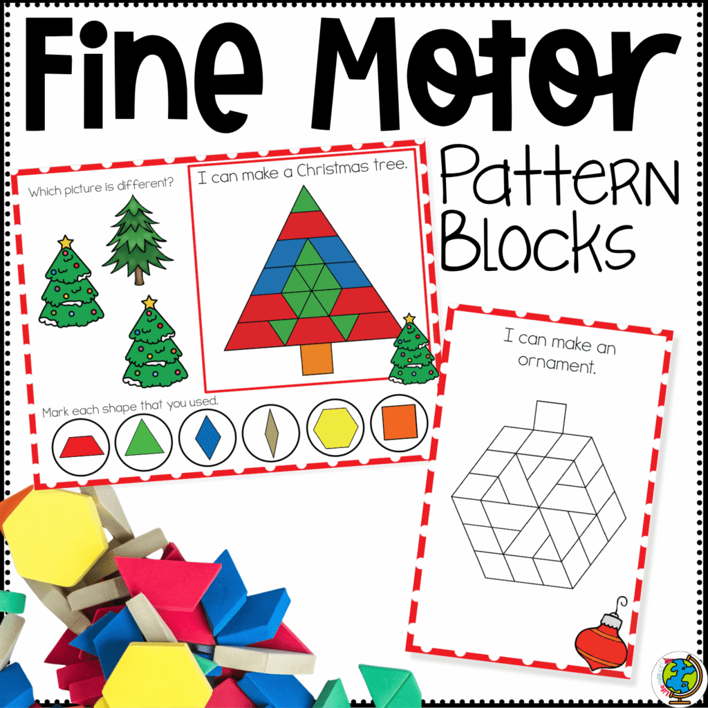 Christmas pattern block fine motor mats printable cover featuring a colorful Christmas tree pattern block design, an ornament build card, and hands-on holiday shape activities for preschool fine motor skills, spatial reasoning, and winter math centers