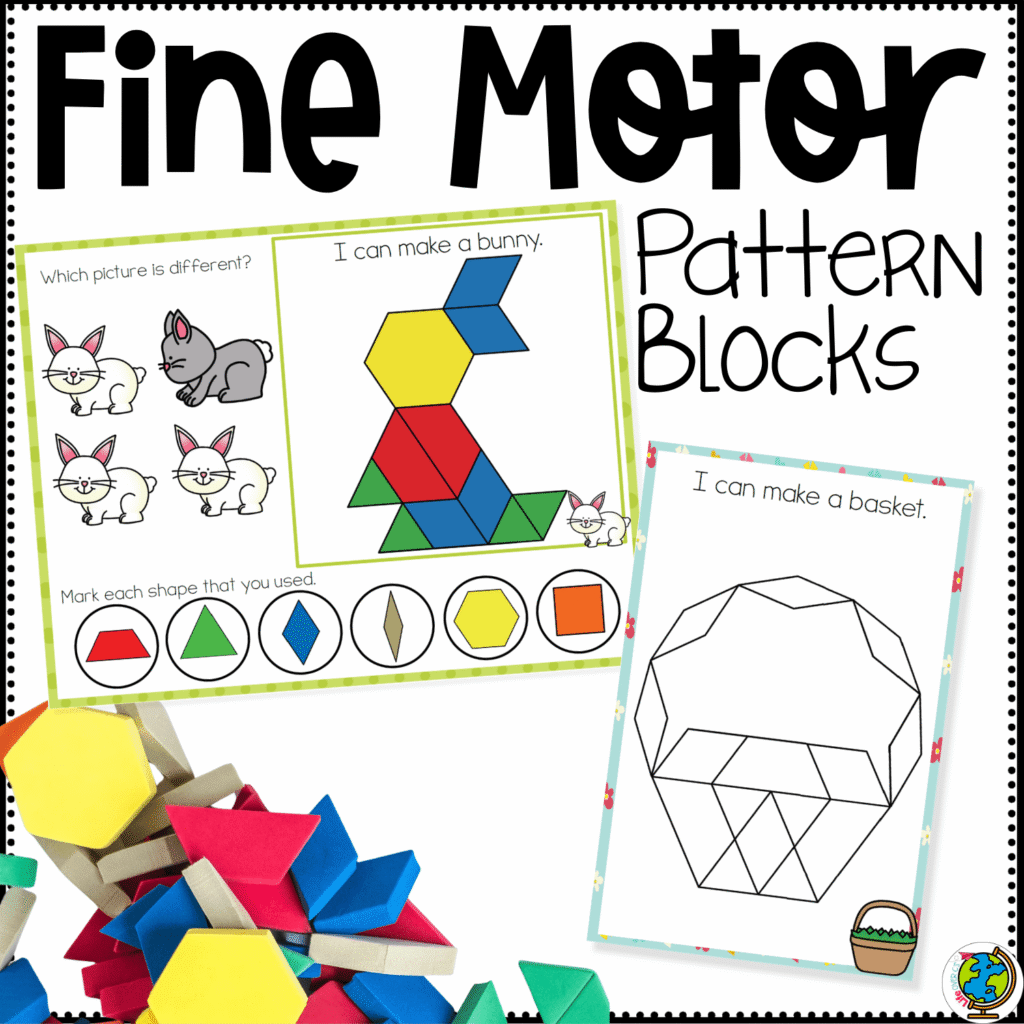 Easter pattern block fine motor mats printable cover showing a bunny pattern block mat, an Easter basket build card, and hands-on shape activities for preschool fine motor practice, visual discrimination, and spring math centers