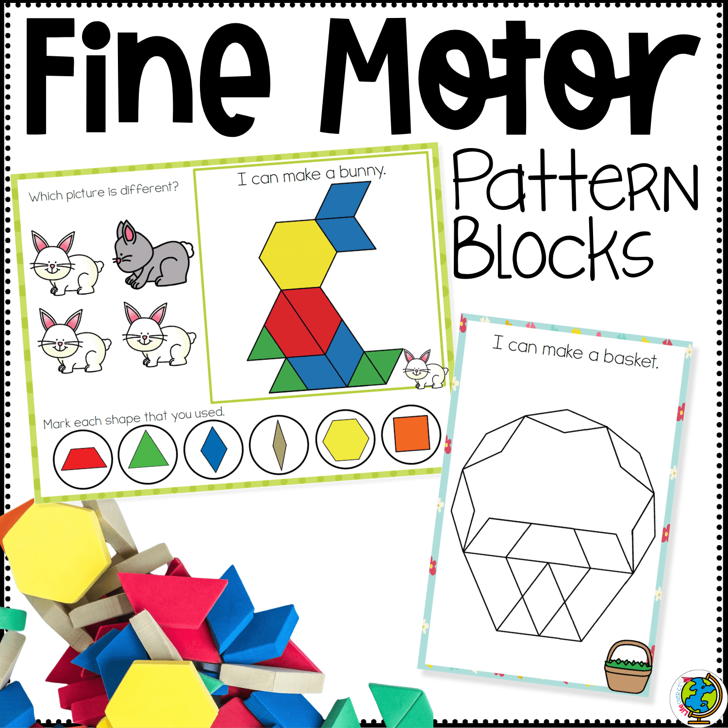 Easter pattern block fine motor mats printable cover showing a bunny pattern block mat, an Easter basket build card, and hands-on shape activities for preschool fine motor practice, visual discrimination, and spring math centers