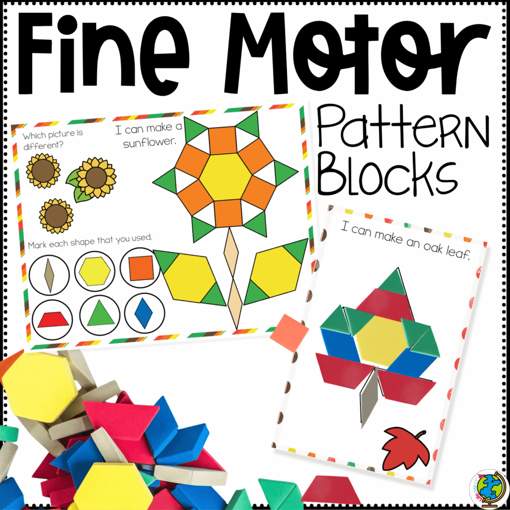 Fall pattern block fine motor mats printable cover featuring a sunflower pattern block activity, an oak leaf build card, and colorful pattern blocks for preschool fine motor skills, shape matching, and autumn centers