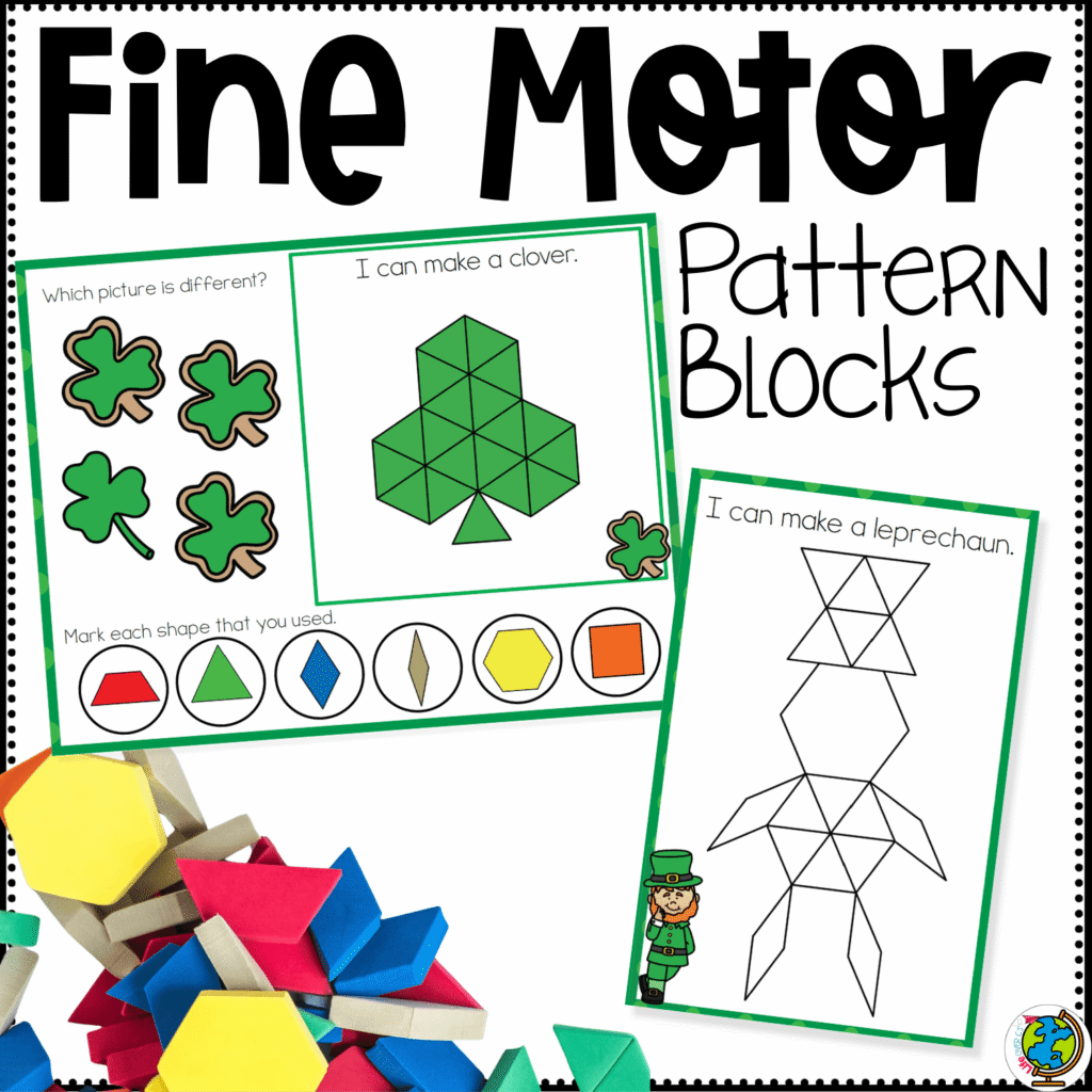 St. Patrick’s Day pattern block fine motor mats printable cover showing a clover pattern block design, a leprechaun build card, and hands-on shape activities for preschool fine motor development, spatial skills, and holiday math centers