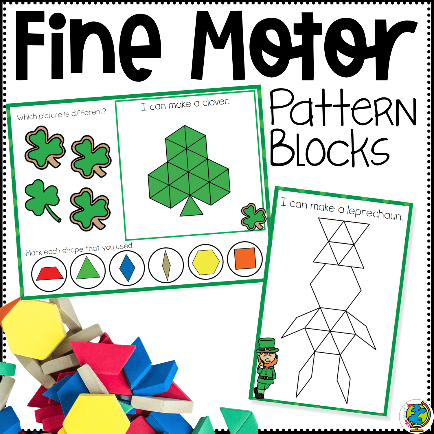 St. Patrick’s Day pattern block fine motor mats printable cover showing a clover pattern block design, a leprechaun build card, and hands-on shape activities for preschool fine motor development, spatial skills, and holiday math centers