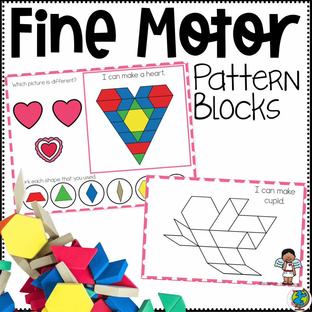 Valentine’s Day pattern block fine motor mats printable cover showing a heart pattern block design, a cupid build card, and hands-on shape activities for preschool fine motor skills, visual motor practice, and February math centers