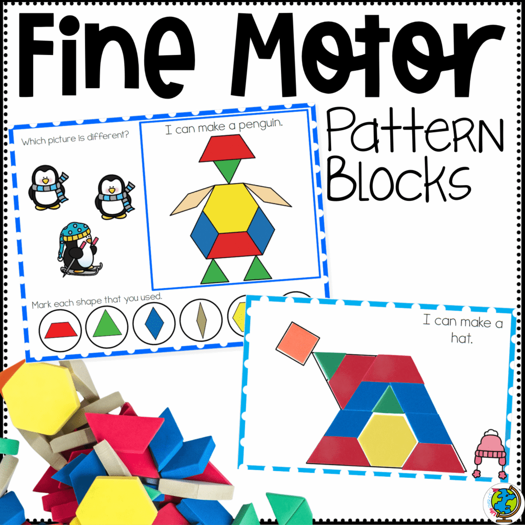 Winter pattern block fine motor mats printable cover featuring a penguin pattern block activity, a winter hat build card, and colorful pattern blocks for preschool fine motor skills, shape matching, and seasonal math centers
