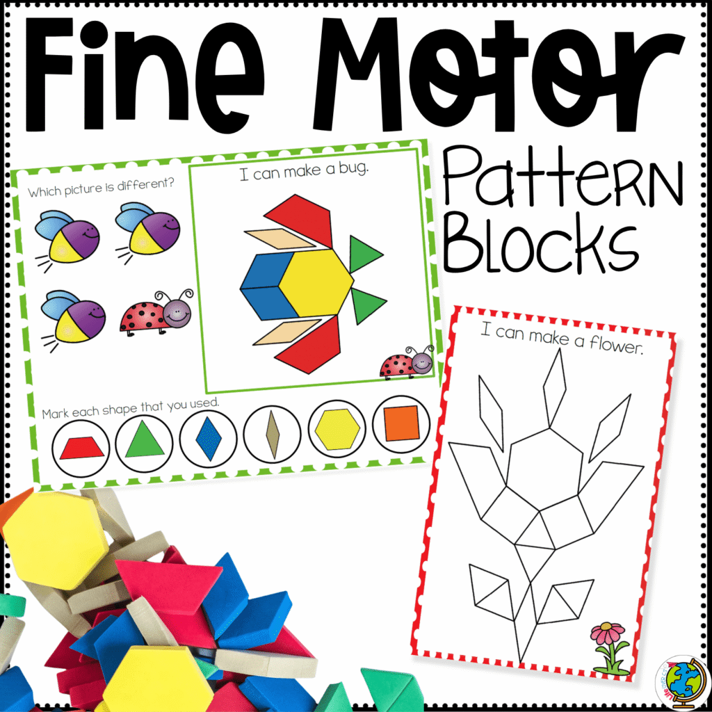 Spring pattern block fine motor mats printable cover showing a bug pattern block picture, a flower build card, and bright spring shape activities for preschool fine motor practice, visual discrimination, and hands-on math centers