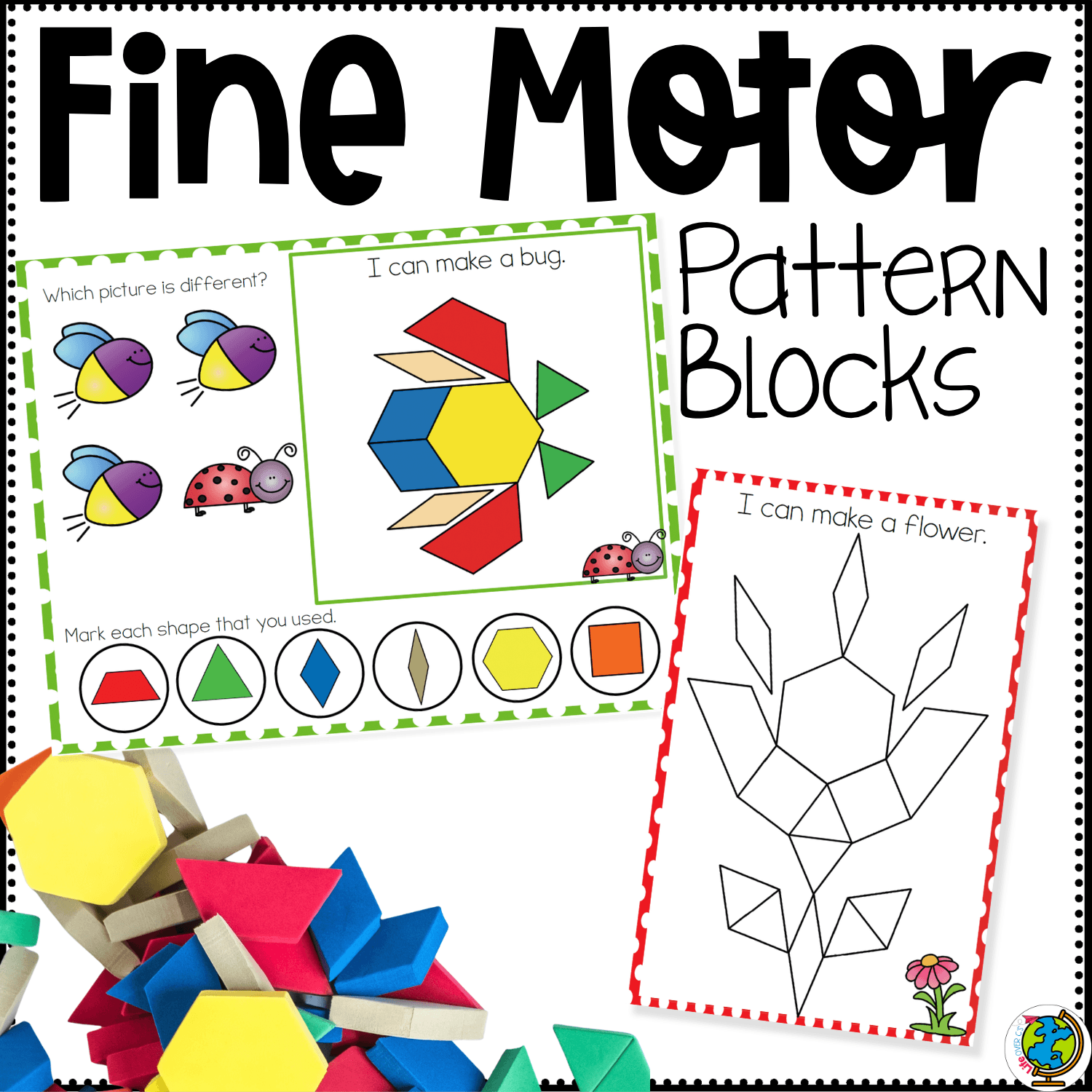 Spring pattern block fine motor mats printable cover showing a bug pattern block picture, a flower build card, and bright spring shape activities for preschool fine motor practice, visual discrimination, and hands-on math centers