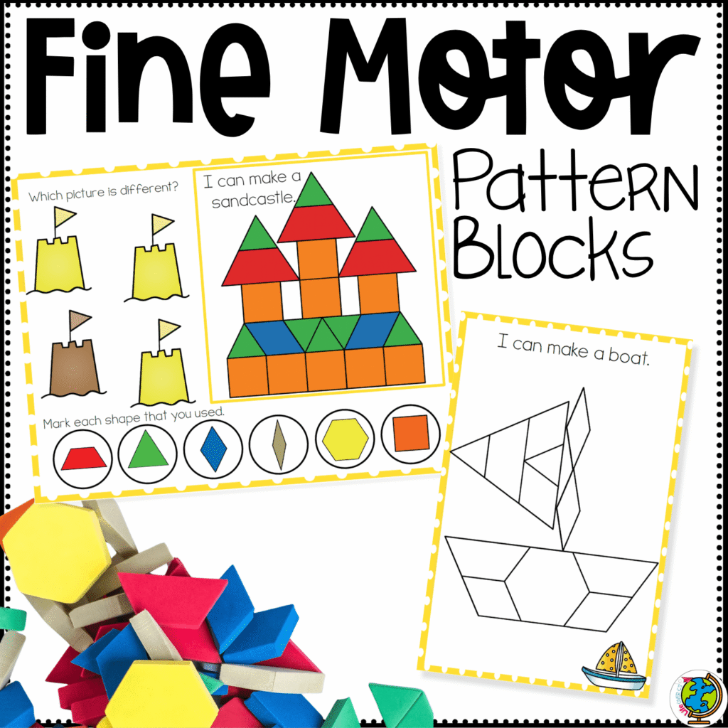 Summer pattern block fine motor mats printable cover featuring a sandcastle pattern block design, a sailboat build card, and fun summer shape activities for preschool fine motor skills, pattern block practice, and seasonal math centers