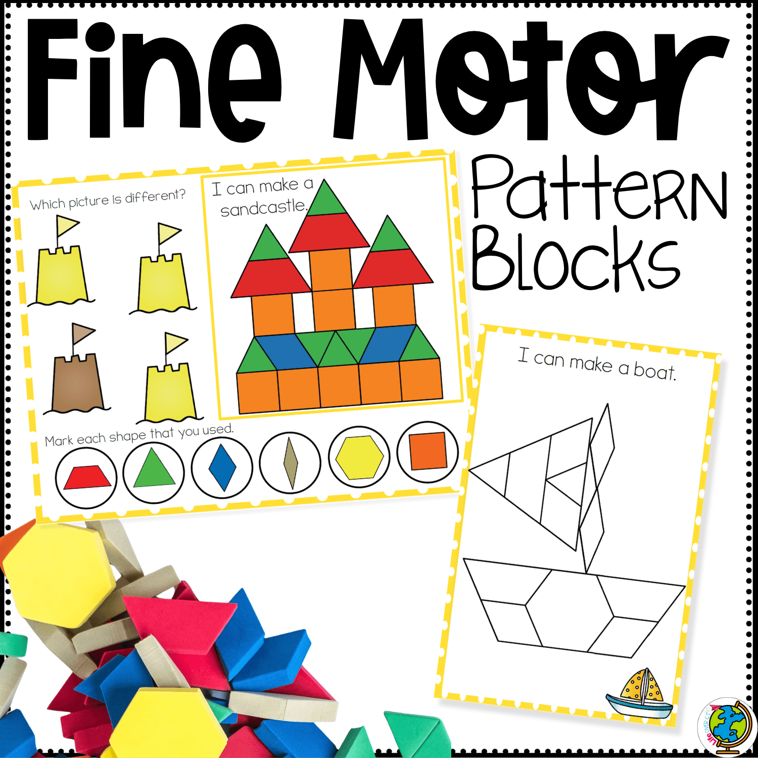 Summer pattern block fine motor mats printable cover featuring a sandcastle pattern block design, a sailboat build card, and fun summer shape activities for preschool fine motor skills, pattern block practice, and seasonal math centers