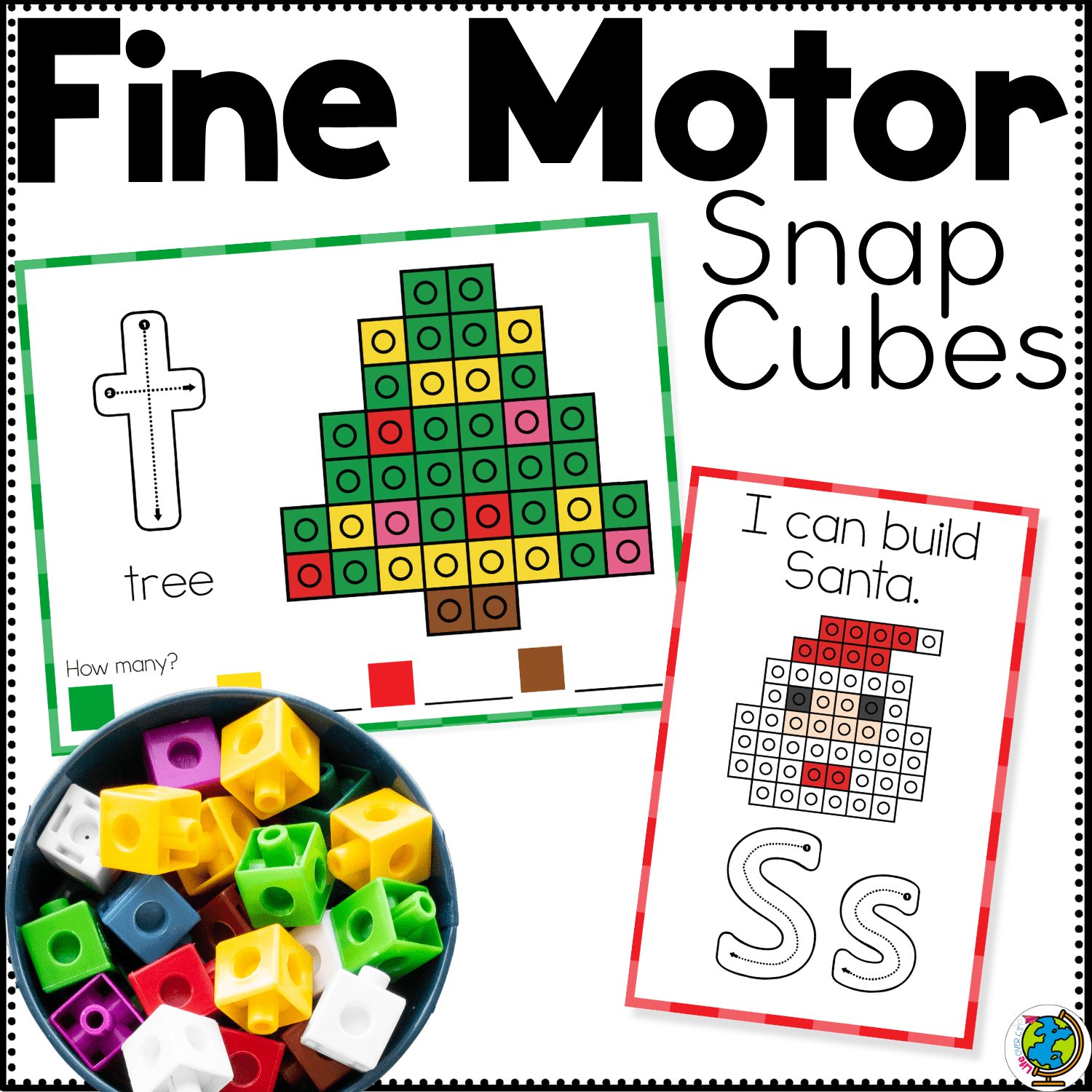 Christmas snap cube fine motor mats printable cover featuring a Christmas tree build mat, Santa snap cube card, and alphabet tracing pages for preschool fine motor skills, letter recognition, counting, and hands-on holiday learning