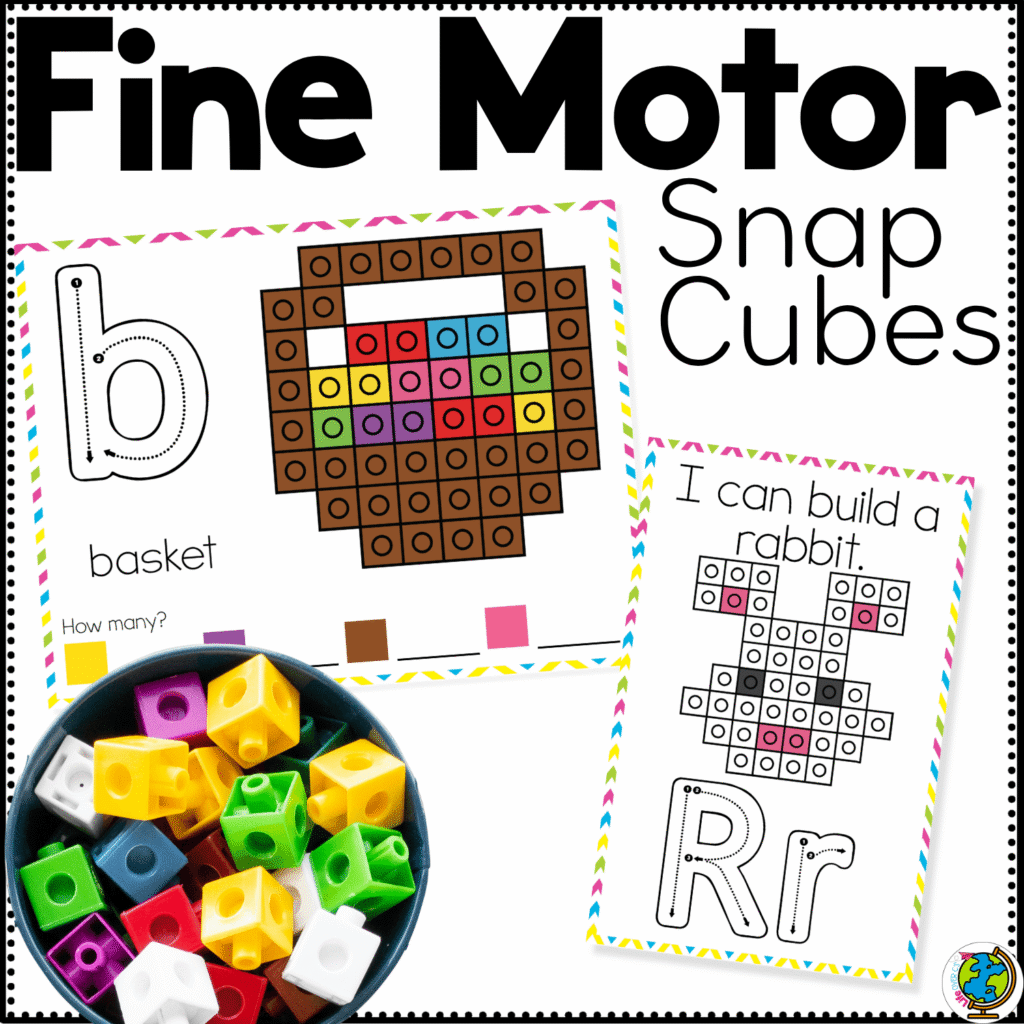 Easter snap cube fine motor mats printable cover showing a basket snap cube mat, rabbit build card, and lowercase and uppercase letter tracing for preschool fine motor practice, alphabet learning, and spring math centers