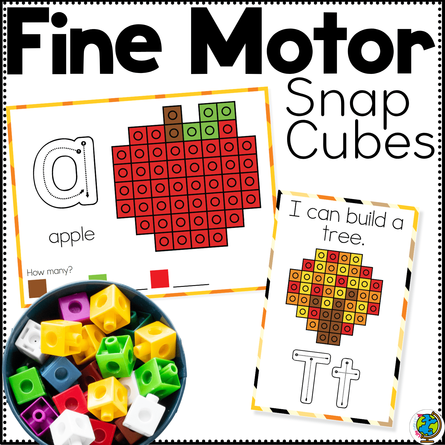 Fall snap cube fine motor mats printable cover featuring an apple snap cube build mat, tree card, and alphabet tracing activity for preschool fine motor skills, letter formation, counting, and autumn learning centers