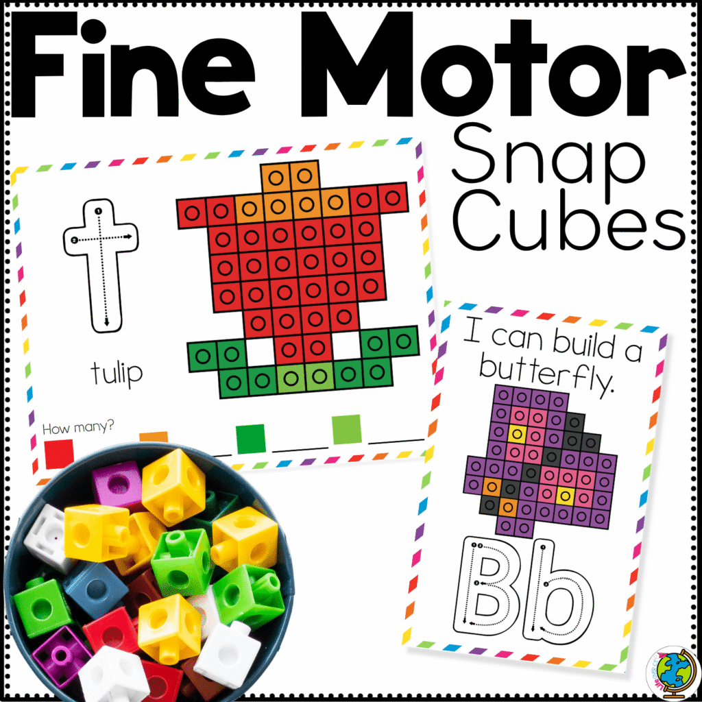 Spring snap cube fine motor mats printable cover featuring a tulip snap cube build mat, butterfly card, and alphabet tracing activities for preschool fine motor skills, letter recognition, counting, and spring centers