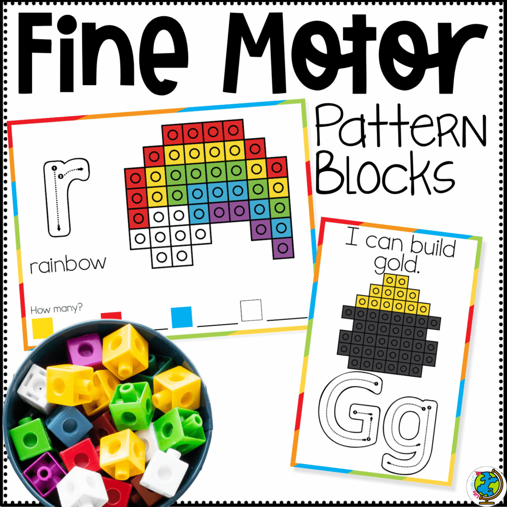 St. Patrick’s Day snap cube fine motor mats printable cover showing a rainbow snap cube mat, pot of gold build card, and alphabet tracing pages for preschool fine motor practice, counting, and hands-on March learning activities