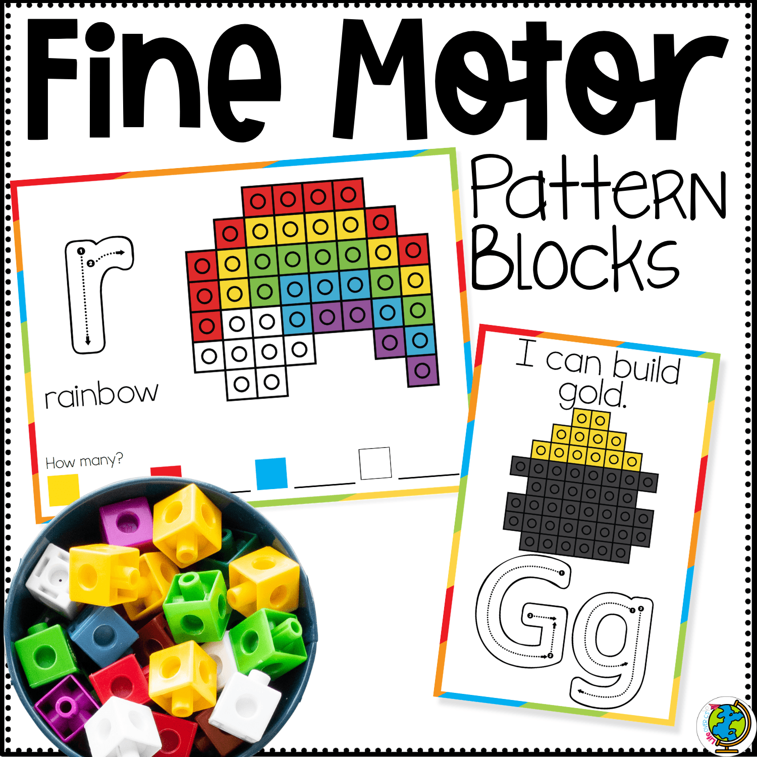 St. Patrick’s Day snap cube fine motor mats printable cover showing a rainbow snap cube mat, pot of gold build card, and alphabet tracing pages for preschool fine motor practice, counting, and hands-on March learning activities