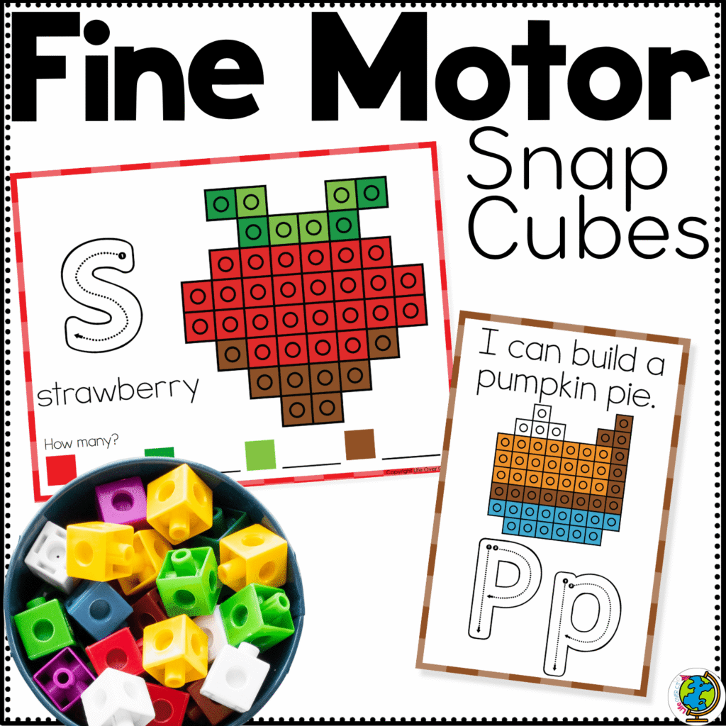 Valentine’s Day snap cube fine motor mats printable cover featuring a strawberry snap cube build mat, heart and Valentine-themed letter tracing cards, and hands-on fine motor activities for preschool alphabet and counting practice