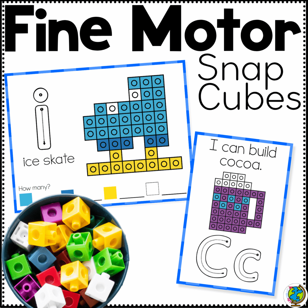 Winter snap cube fine motor mats printable cover showing an ice skate snap cube build mat, cocoa card, and alphabet tracing pages for preschool fine motor skills, counting, letter recognition, and winter learning centers