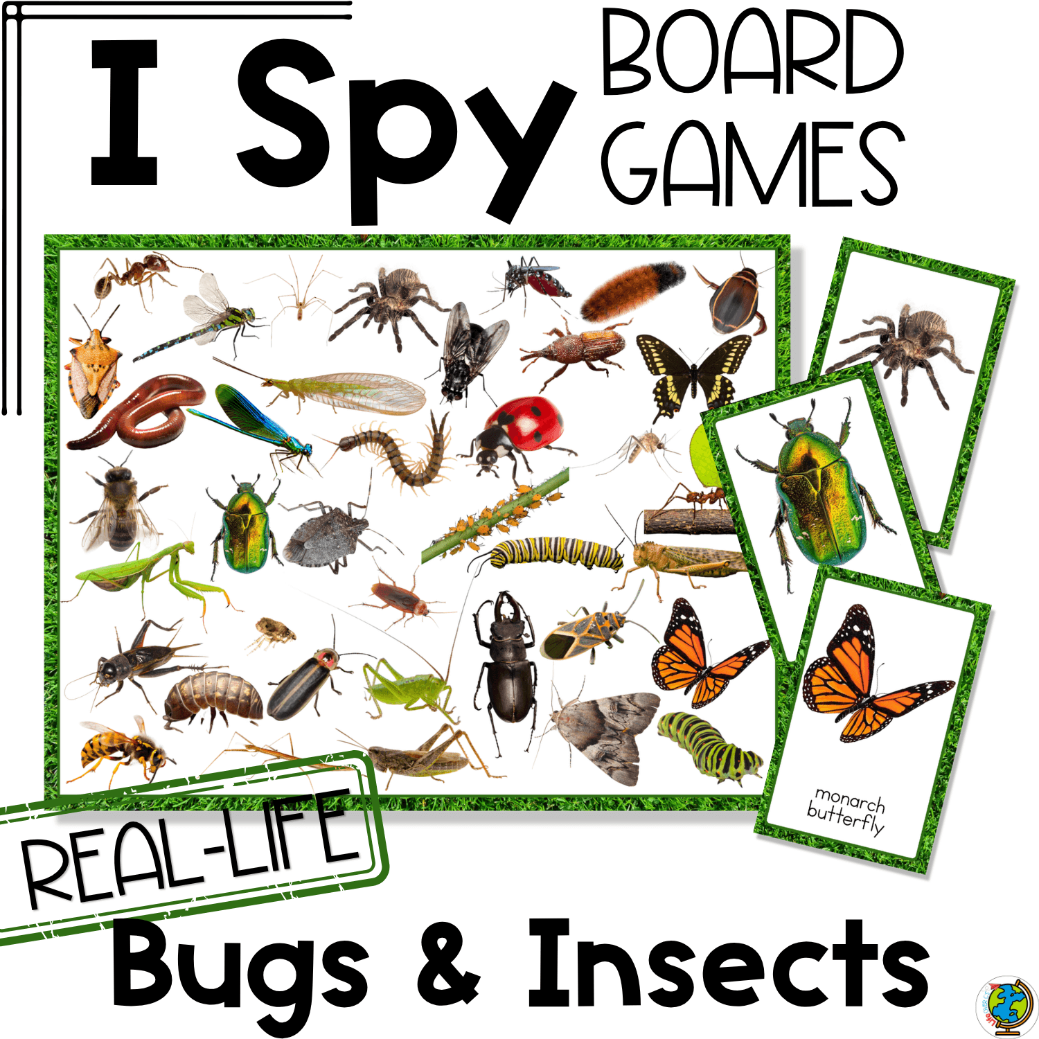 Bugs and insects I Spy board game with real photos, printable bug cards, and hands-on visual discrimination practice for preschool, pre-k, and kindergarten centers.