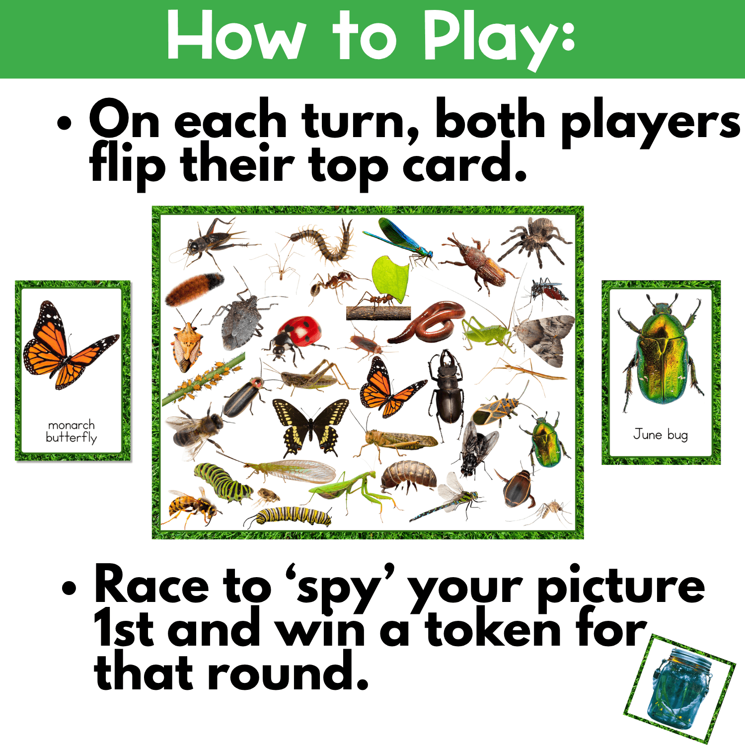Kids flip real bug photo cards, search the I Spy board, and collect tokens in this engaging insects visual discrimination game for early learners.