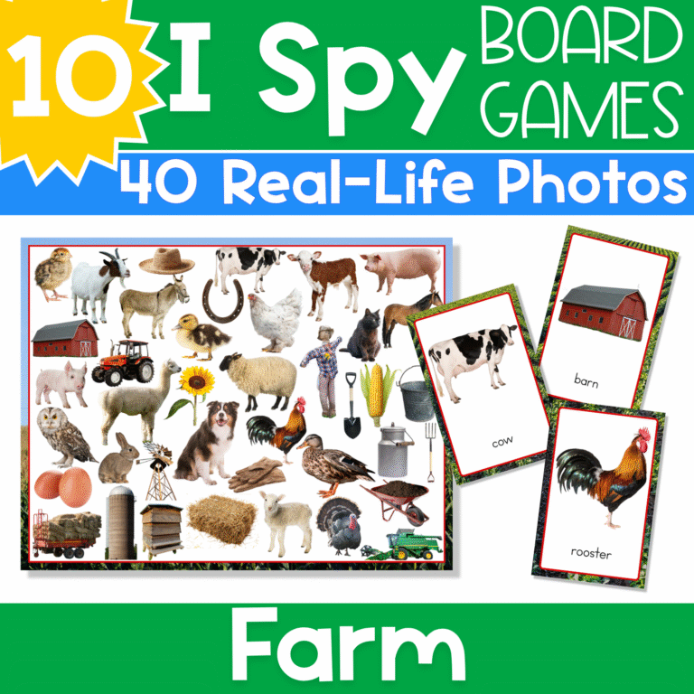 Farm I Spy Board Game with real-life photos of animals, tractors, barns, and farm picture cards that make preschool vocabulary and visual discrimination practice feel like play.