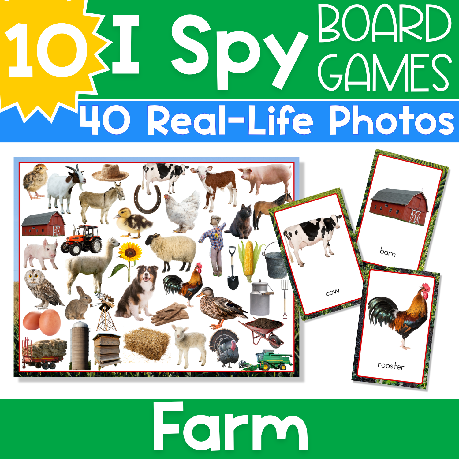 Farm I Spy Board Game with real-life photos of animals, tractors, barns, and farm picture cards that make preschool vocabulary and visual discrimination practice feel like play.
